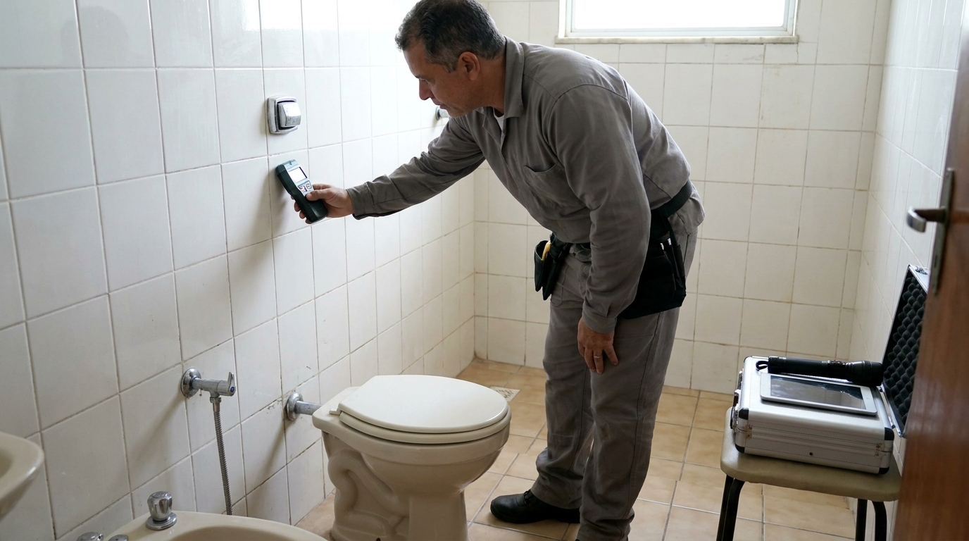 Técnico de caça vazamento analisando tubulação em São Gonçalo‑RJ