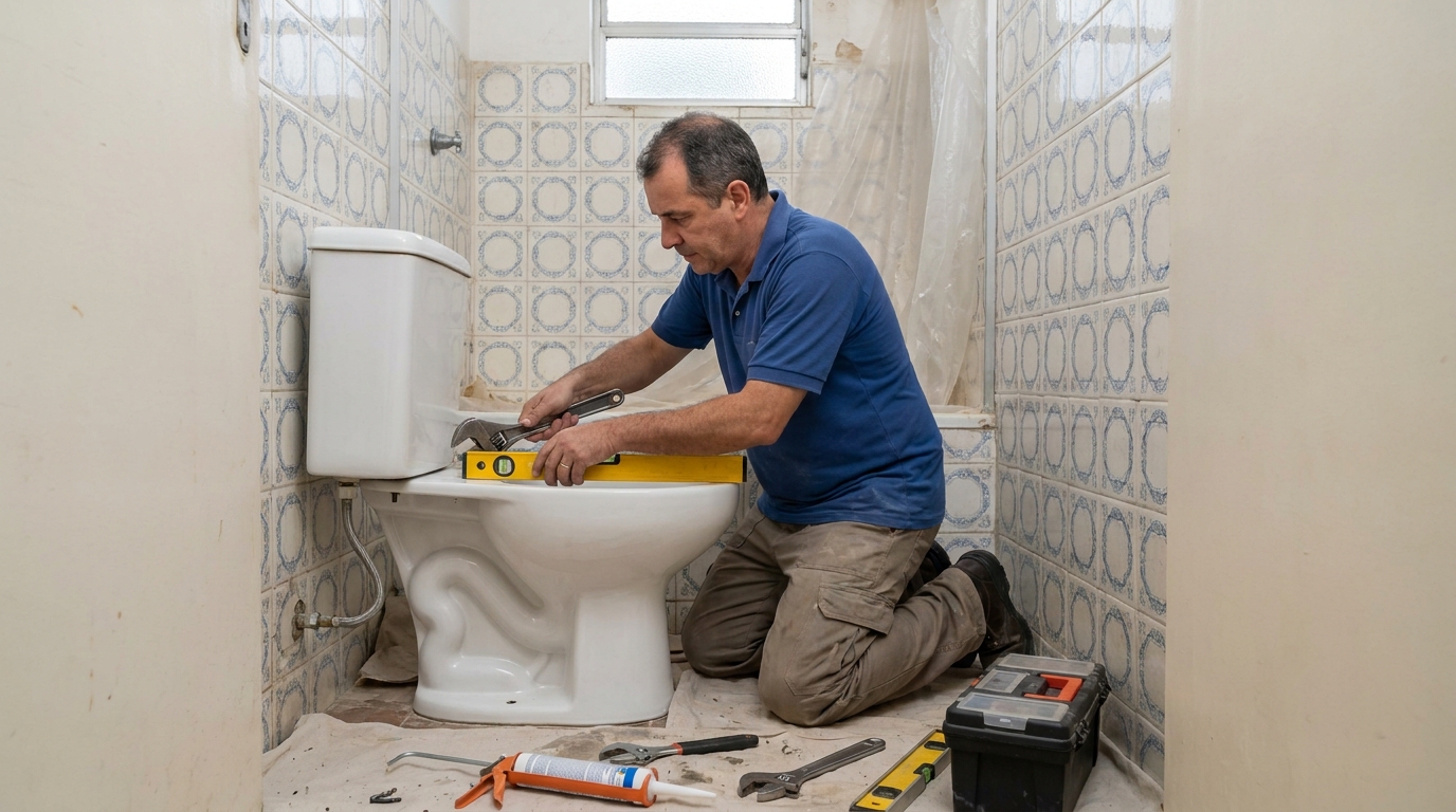 Técnico instalando vaso sanitário em São Gonçalo‑RJ